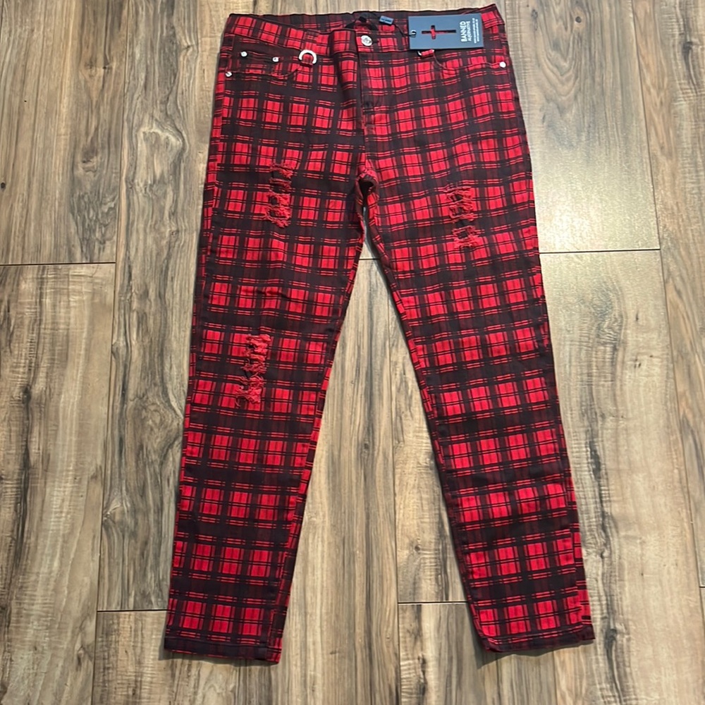 BANNED ALTERNATIVE Plaid Tartan Ripped Punk Rock Pants w/Zip Pocket Detail XL